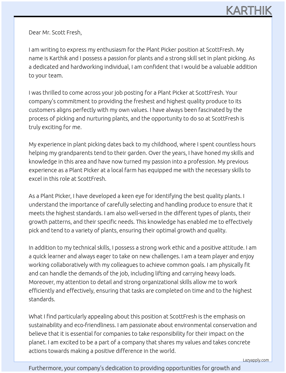plant picker At scottfresh Cover Letter