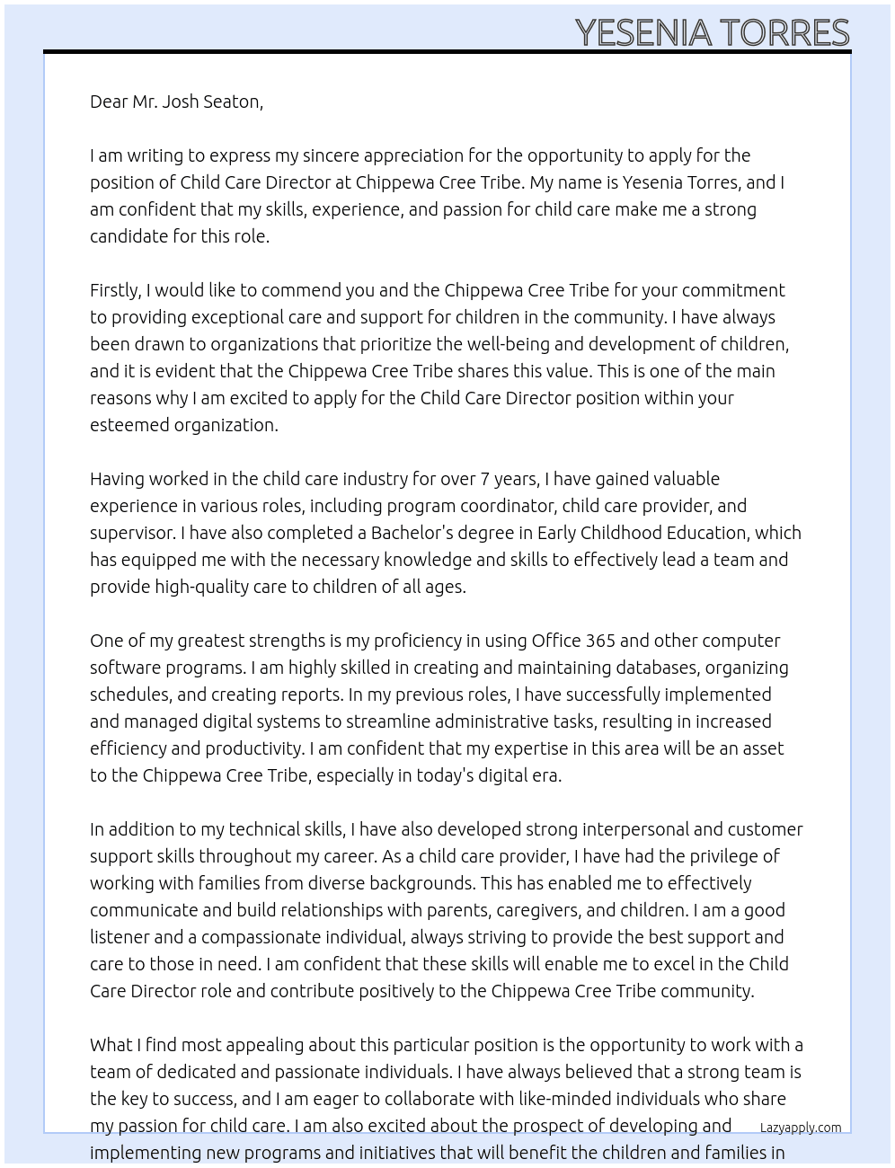 Child Care Director  At Chippewa Cree Tribe Cover Letter