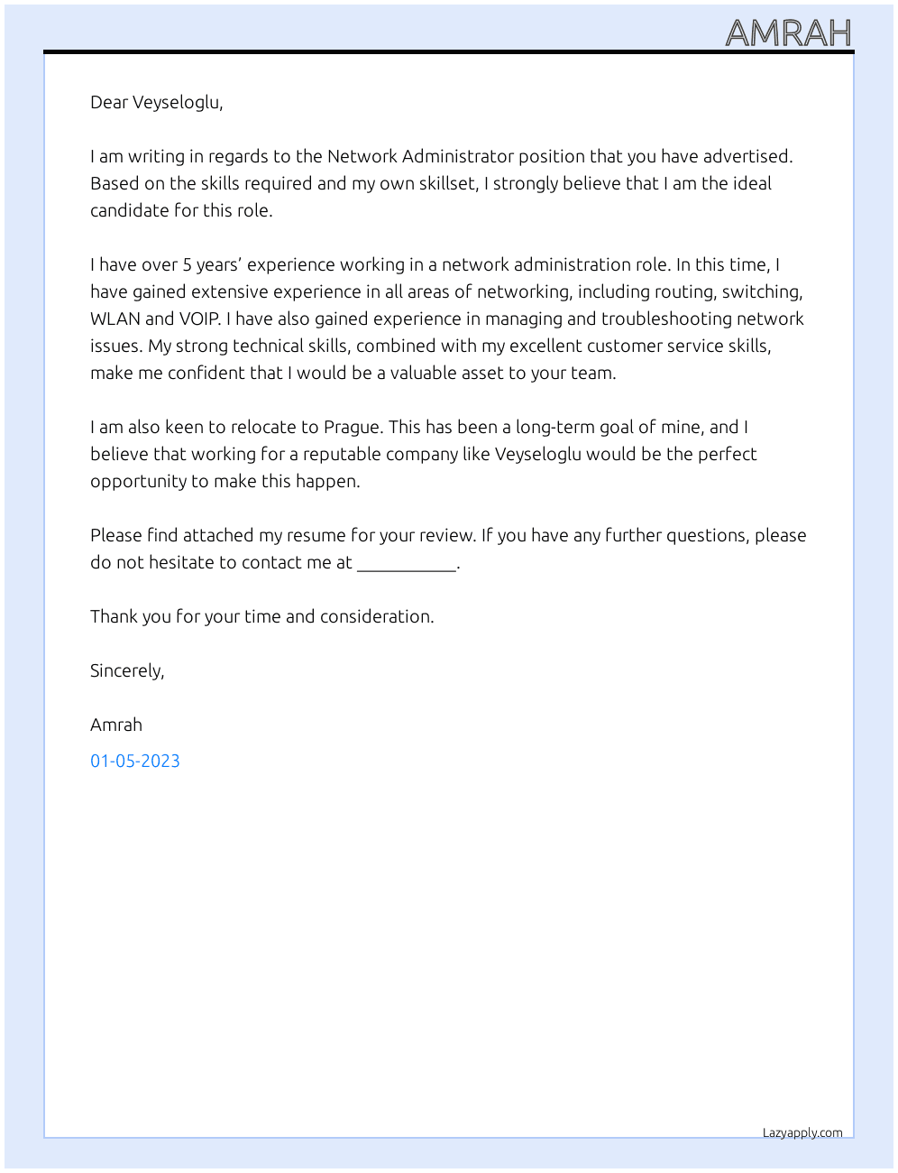 Network Administrator At Veyseloglu Cover Letter