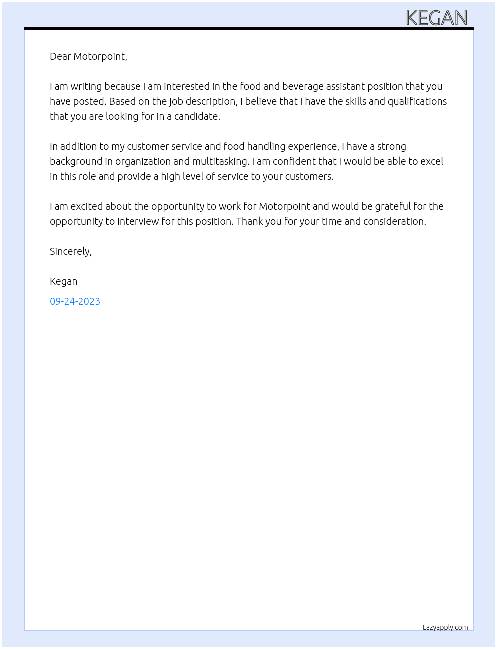 food and beverage assistant  At Motorpoint Cover Letter