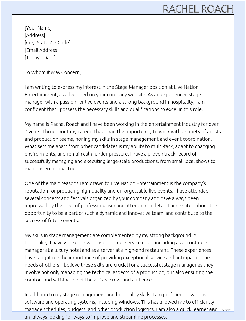 Stage Manager At Live Nation Entertainment Cover Letter