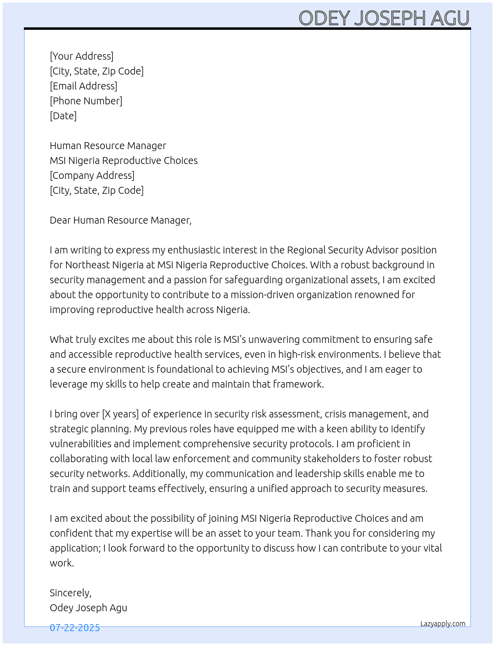 Regional Security Advisor(Northeast) At MSI Nigeria Reproductive Choices Cover Letter