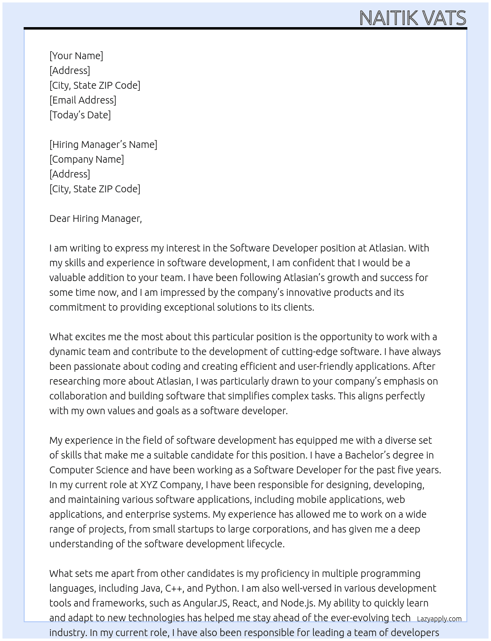Software Developer At Atlasian Cover Letter