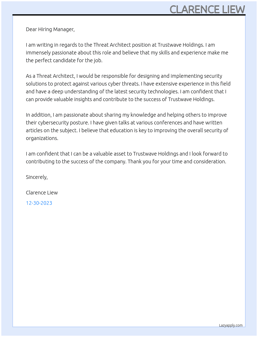 Threat Architect At Trustwave Holdings Cover Letter