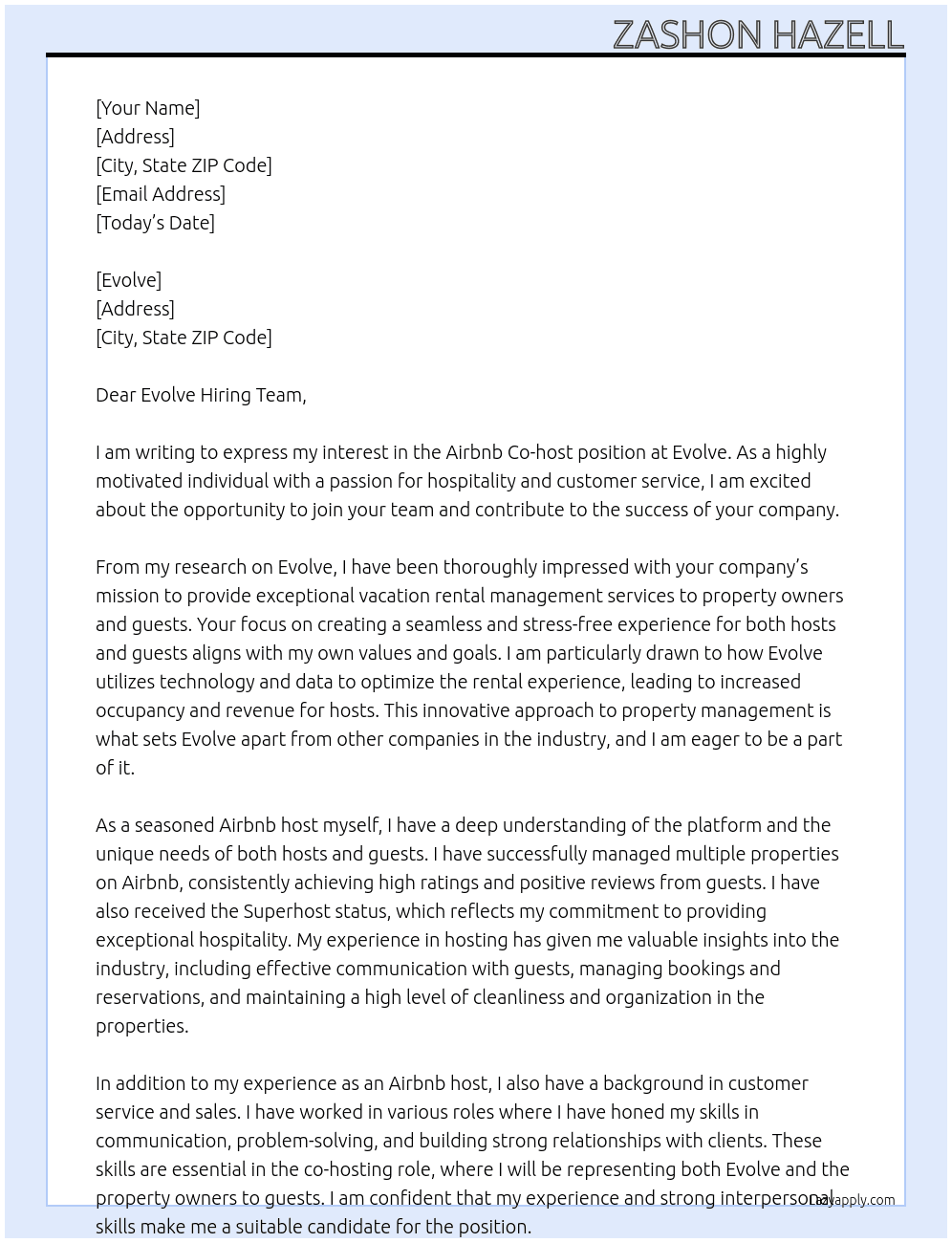 Airbnb cohost At evolve Cover Letter