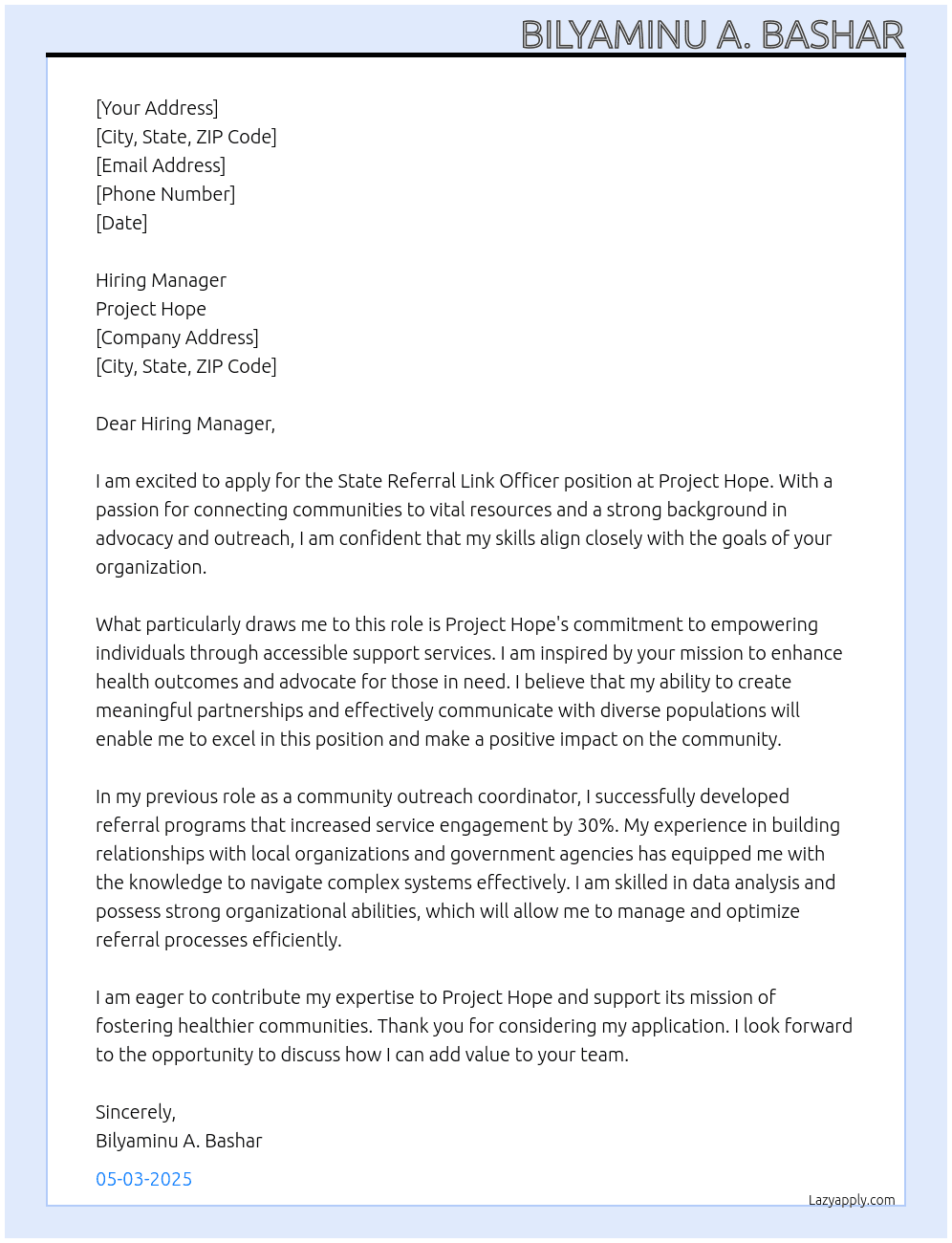 State Referral link officer At Project Hope Cover Letter