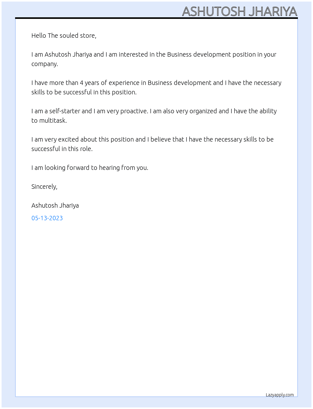 Business development At The souled store  Cover Letter