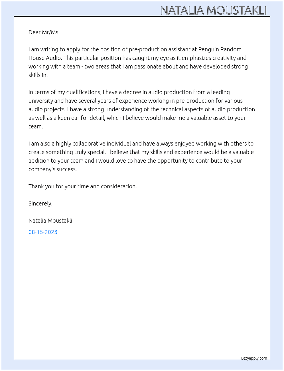 pre-production assistant  At Penguin Random House Audio  Cover Letter