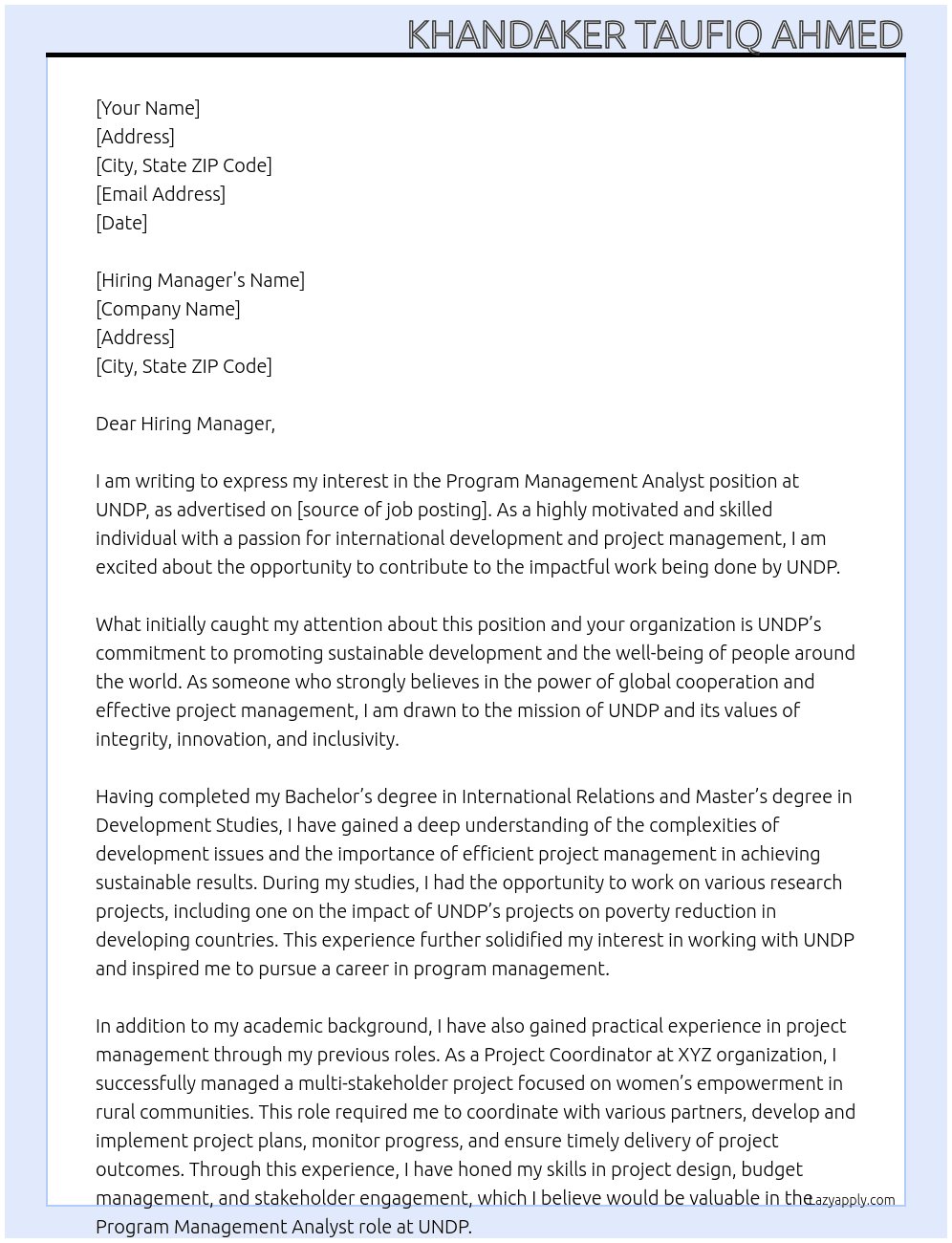 Cover letter for program managerment analyst - LazyApply