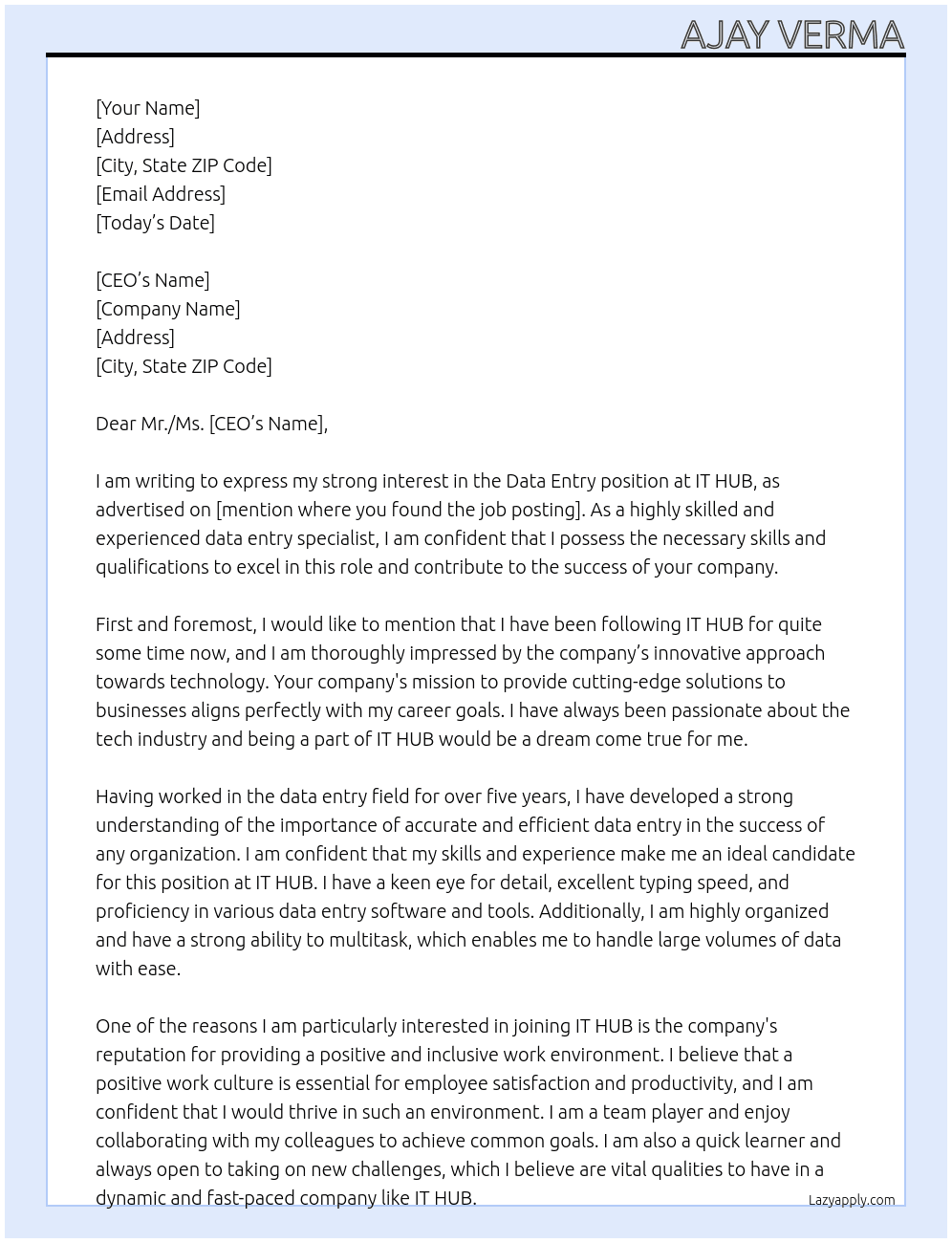 Data Entry At IT HUB Cover Letter