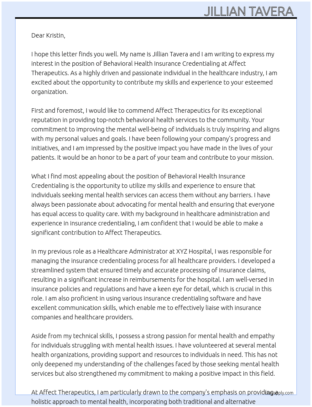Seeking help for Behavioral Health Insurance Credentialing At Affect Therapeutics Cover Letter