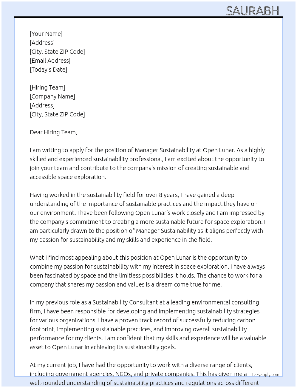 Manager Sustainability At Open Lunar Cover Letter