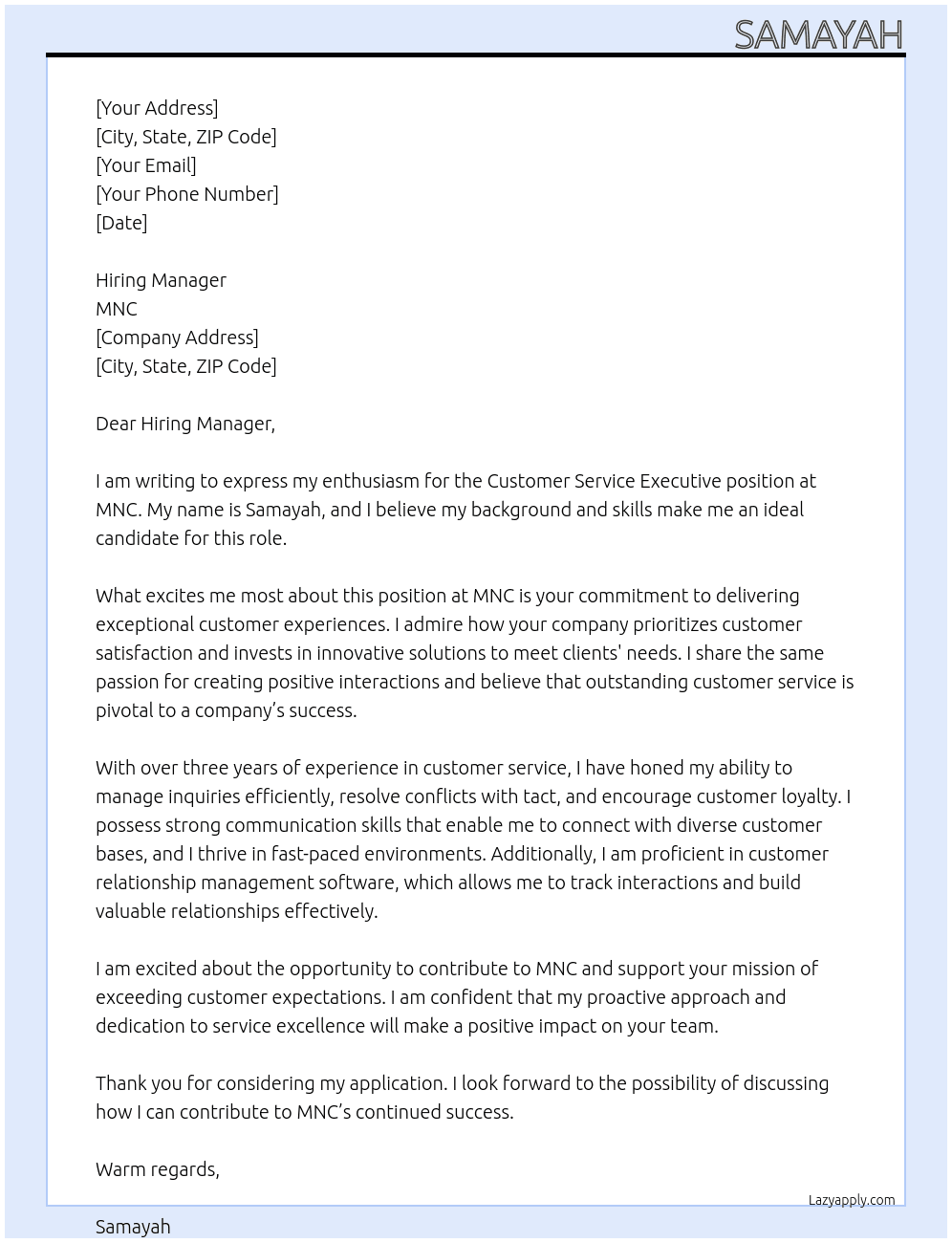 Customer service executive  At Mnc Cover Letter