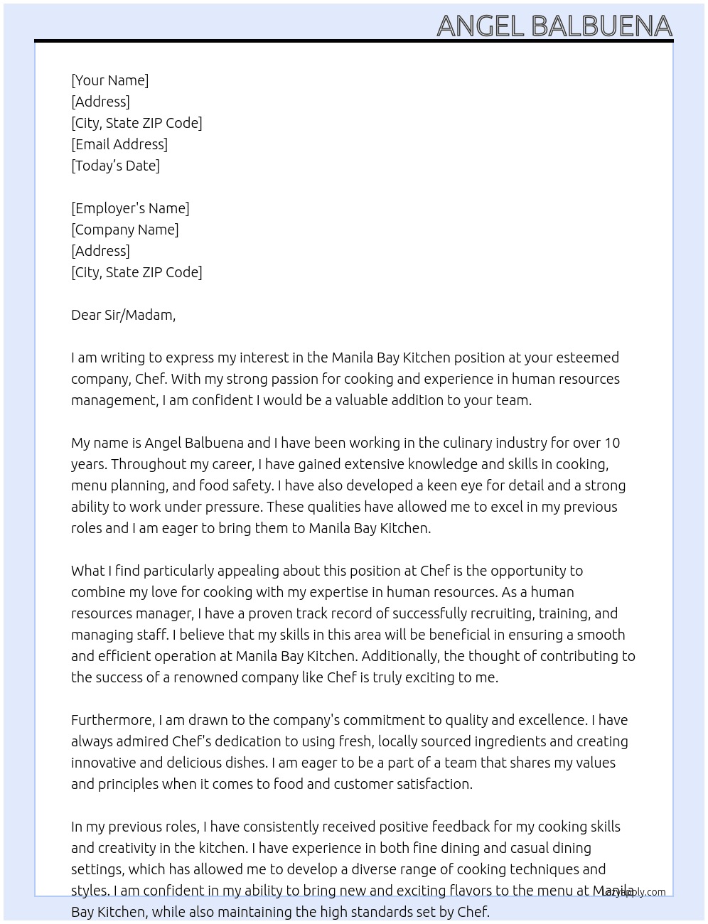 Cover letter for manila bay kitchen - LazyApply