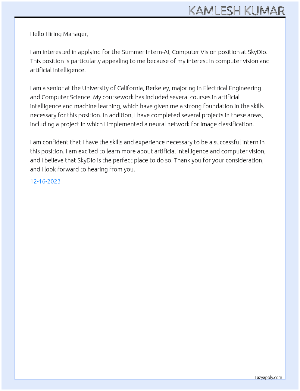 Summer Intern-AI, Computer Vision At SkyDio Cover Letter