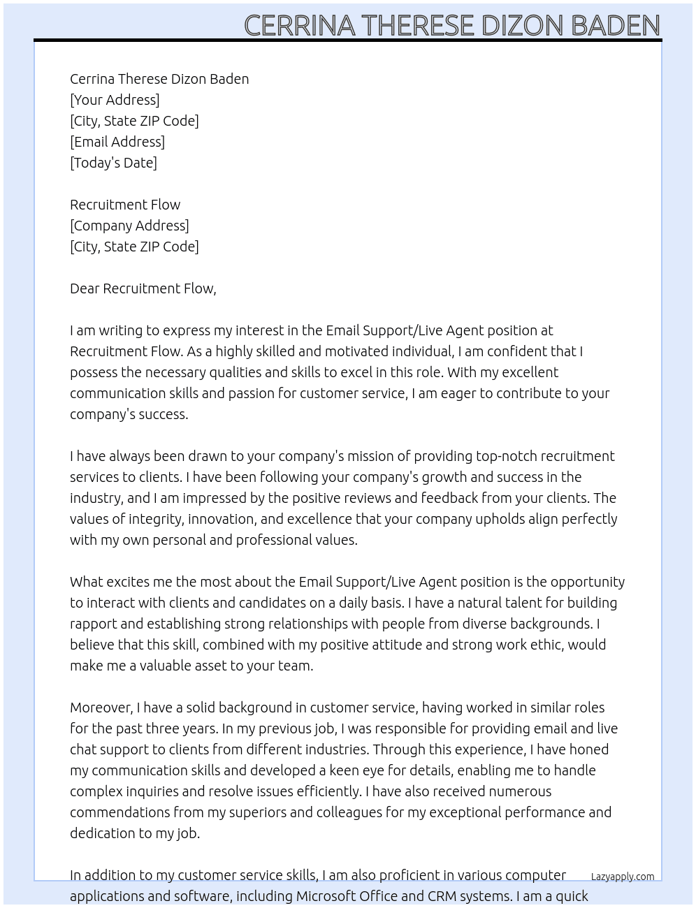 Email support/Live agent At Recruitment flow Cover Letter