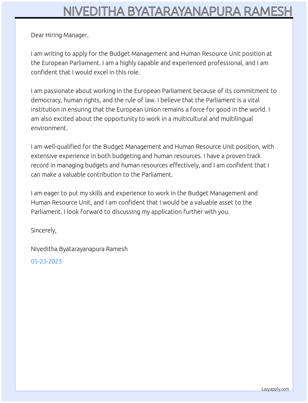 Budget Management and Human Resource Unit  At European Parliament Cover Letter