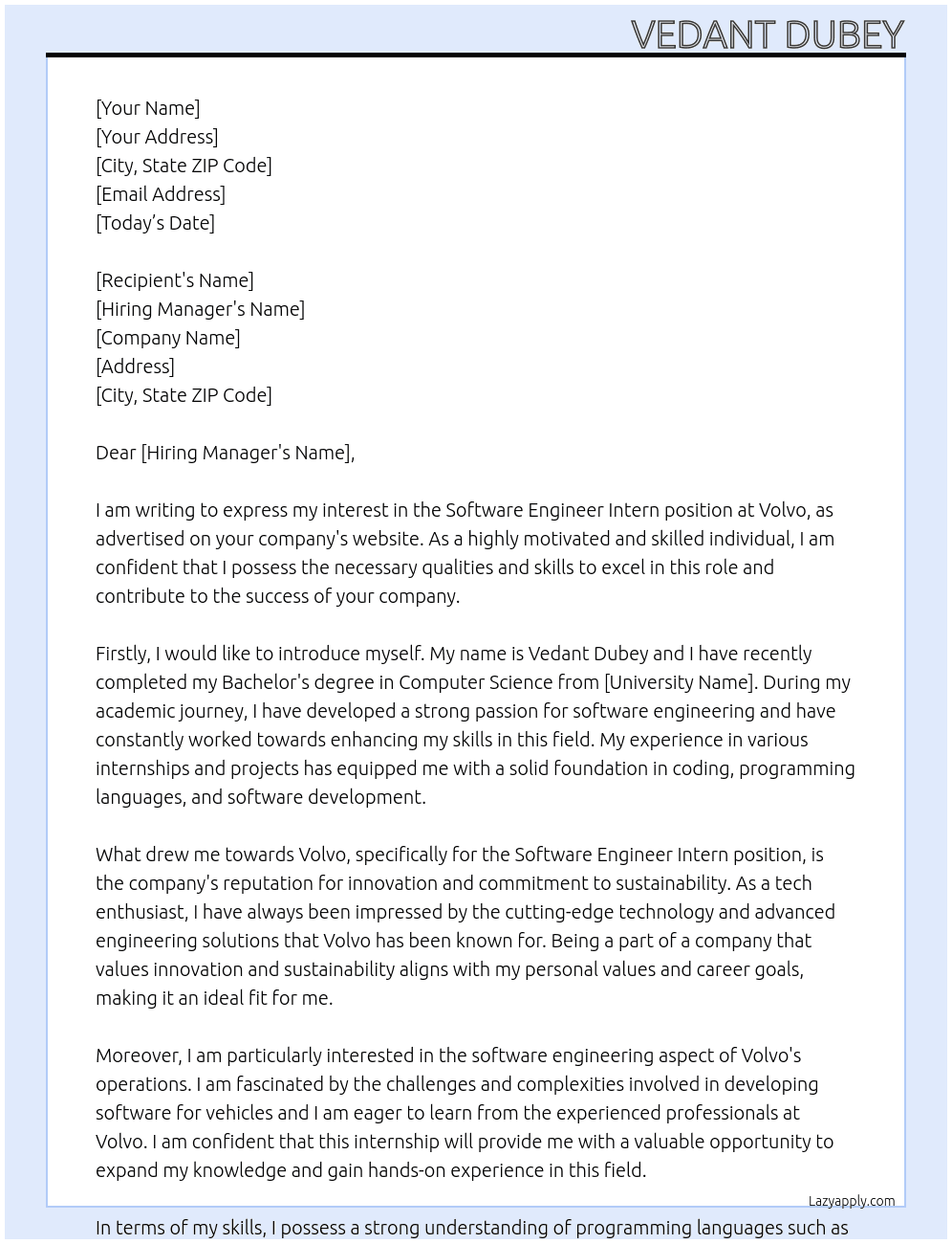software engineer intern At Volvo Cover Letter