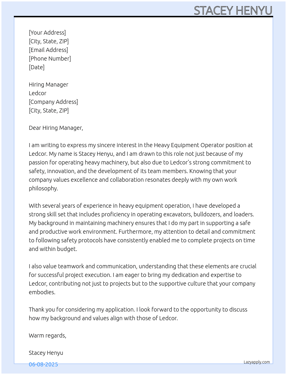 Cover letter for heavy equipment operator - LazyApply