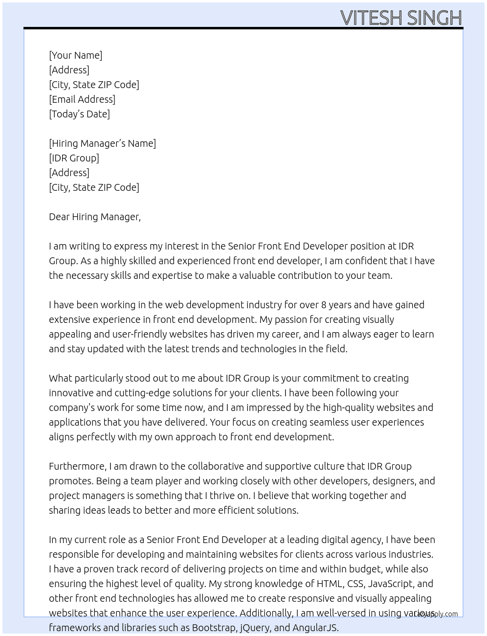 Senior Front End Developer At IDR Group Cover Letter