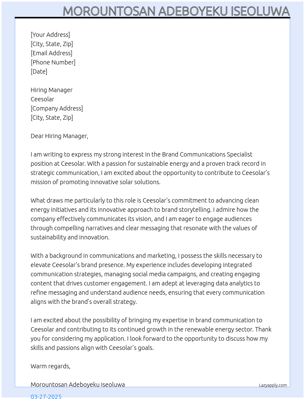 Brand Communications Specialist At Ceesolar Cover Letter