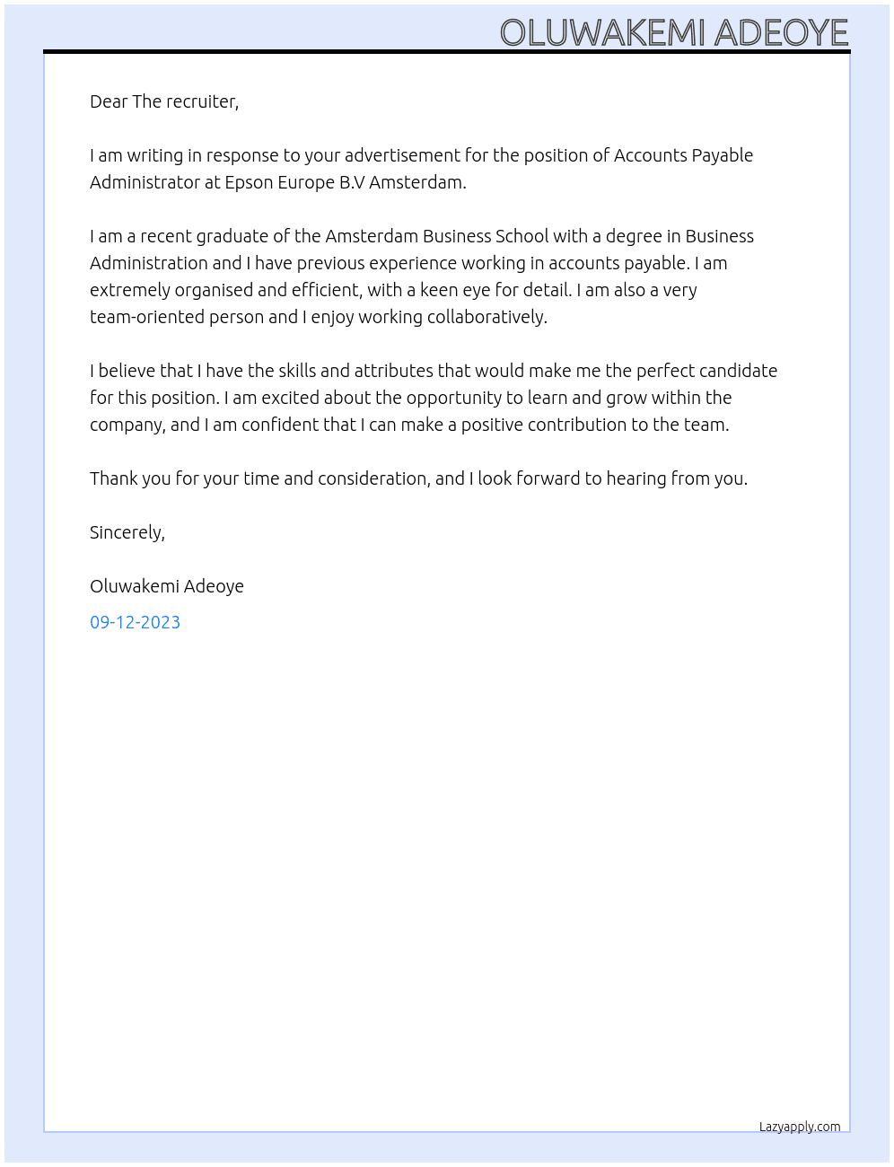 Accounts Payable Administrator At Epson Europe B.V Amsterdam Cover Letter