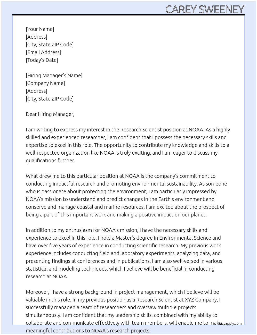 Research Scientist At NOAA Cover Letter