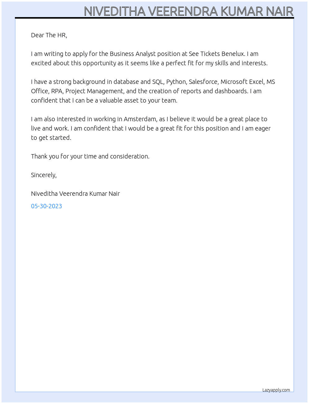 Business Analyst At See Tickets Benelux  Cover Letter
