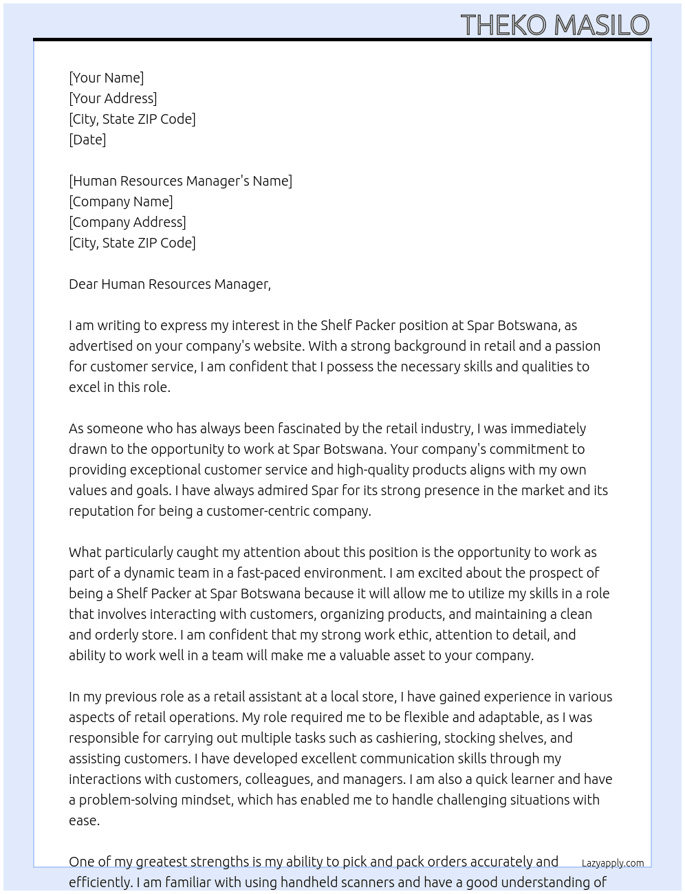 Shelf packer  At Spar Botswana  Cover Letter