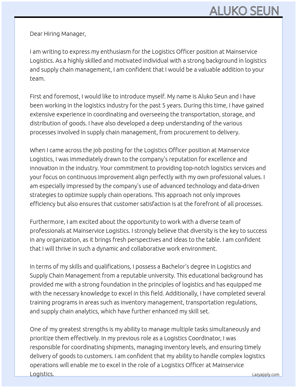 Logistics officer  At Mainservice logistics  Cover Letter