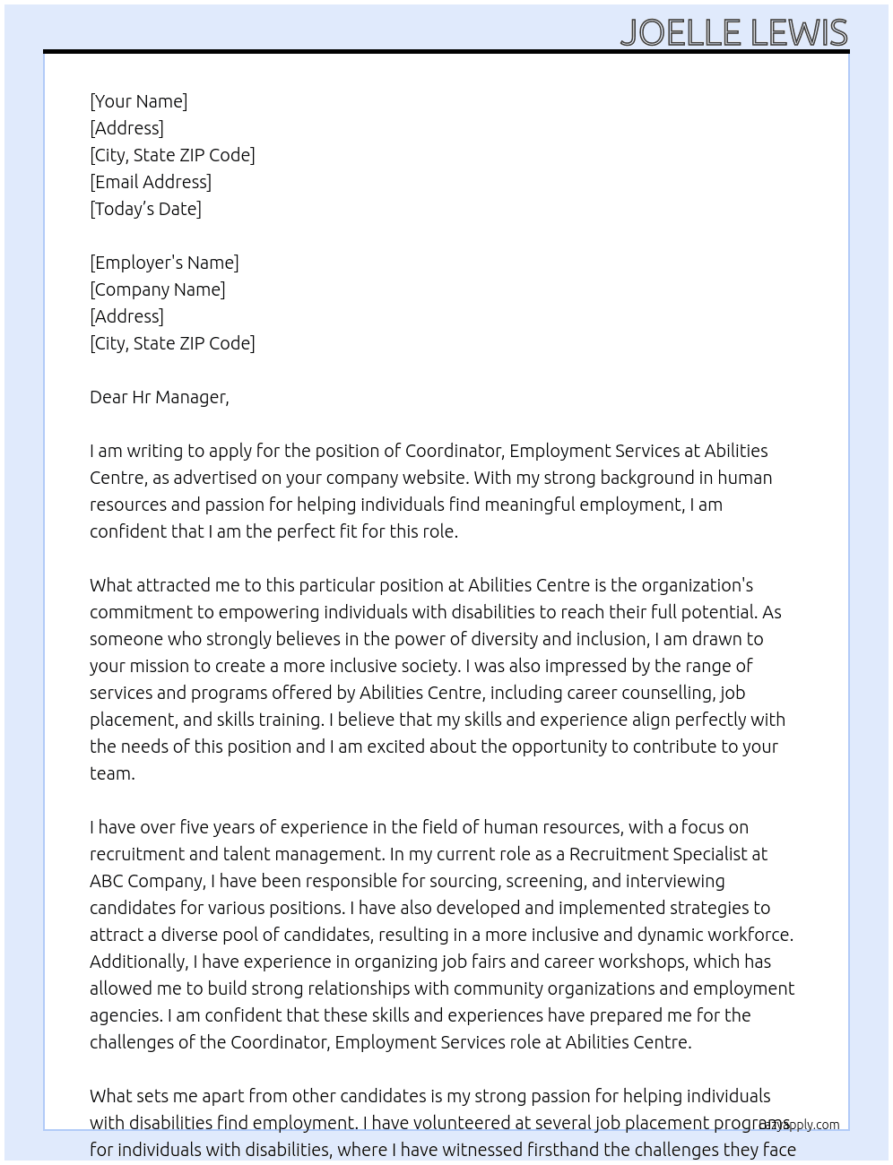 COORDINATOR, EMPLOYMENT SERVICES At Abilities Centre Cover Letter