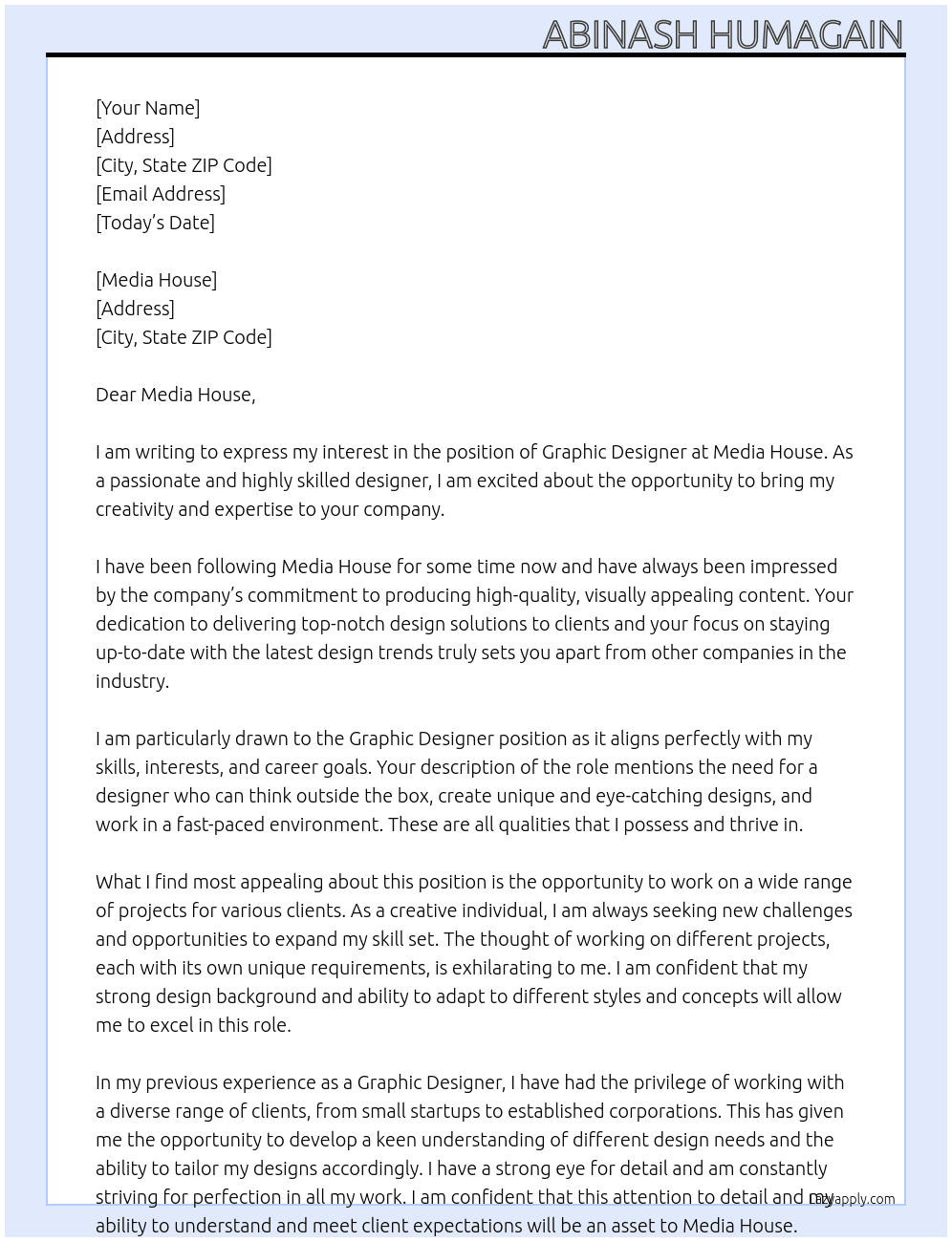 Graphic Designer At Media House Cover Letter