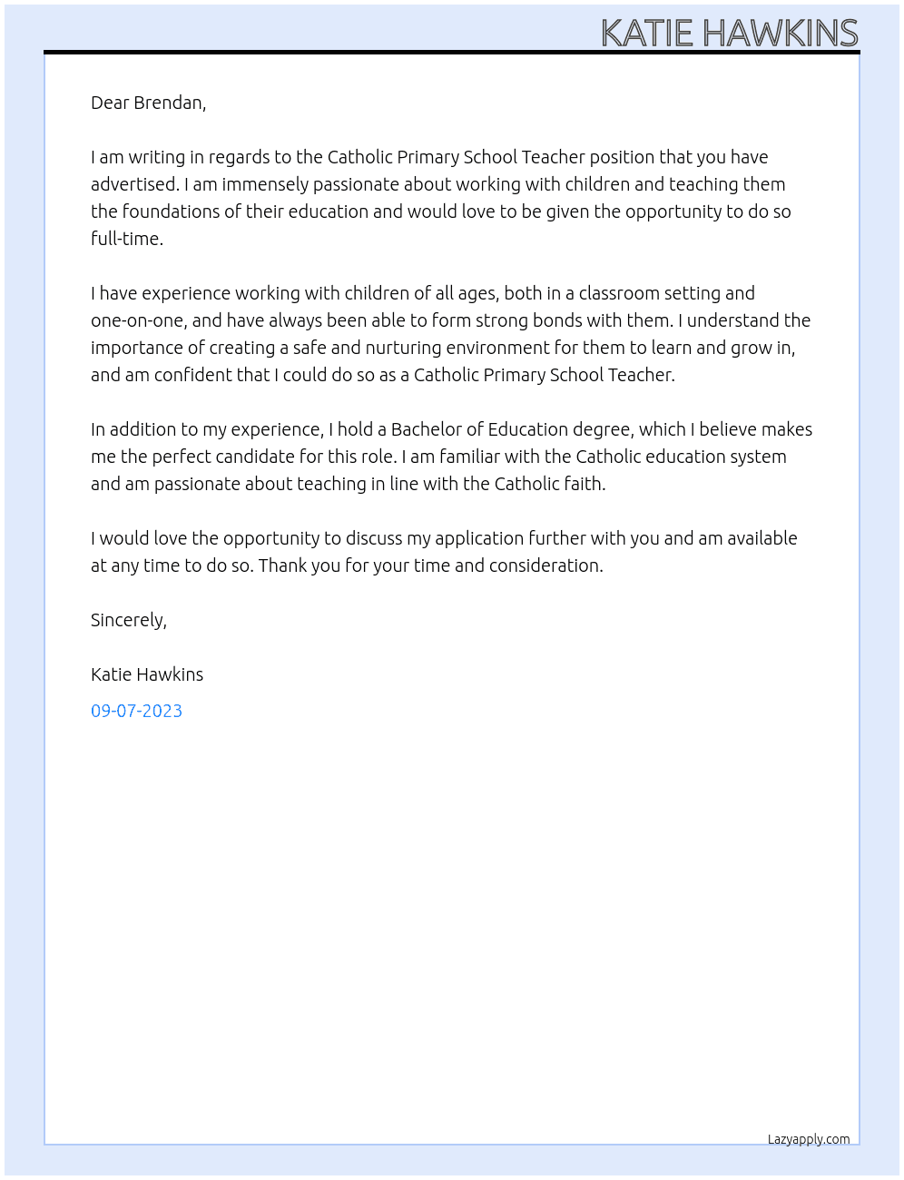 Catholic Primary School Teacher At Catholic Primary School Teacher Cover Letter