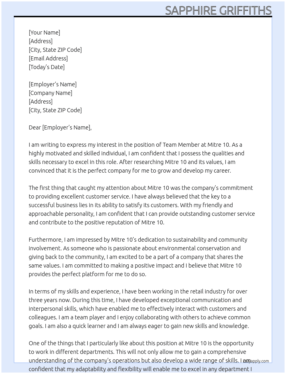 team member  At mitre 10 Cover Letter