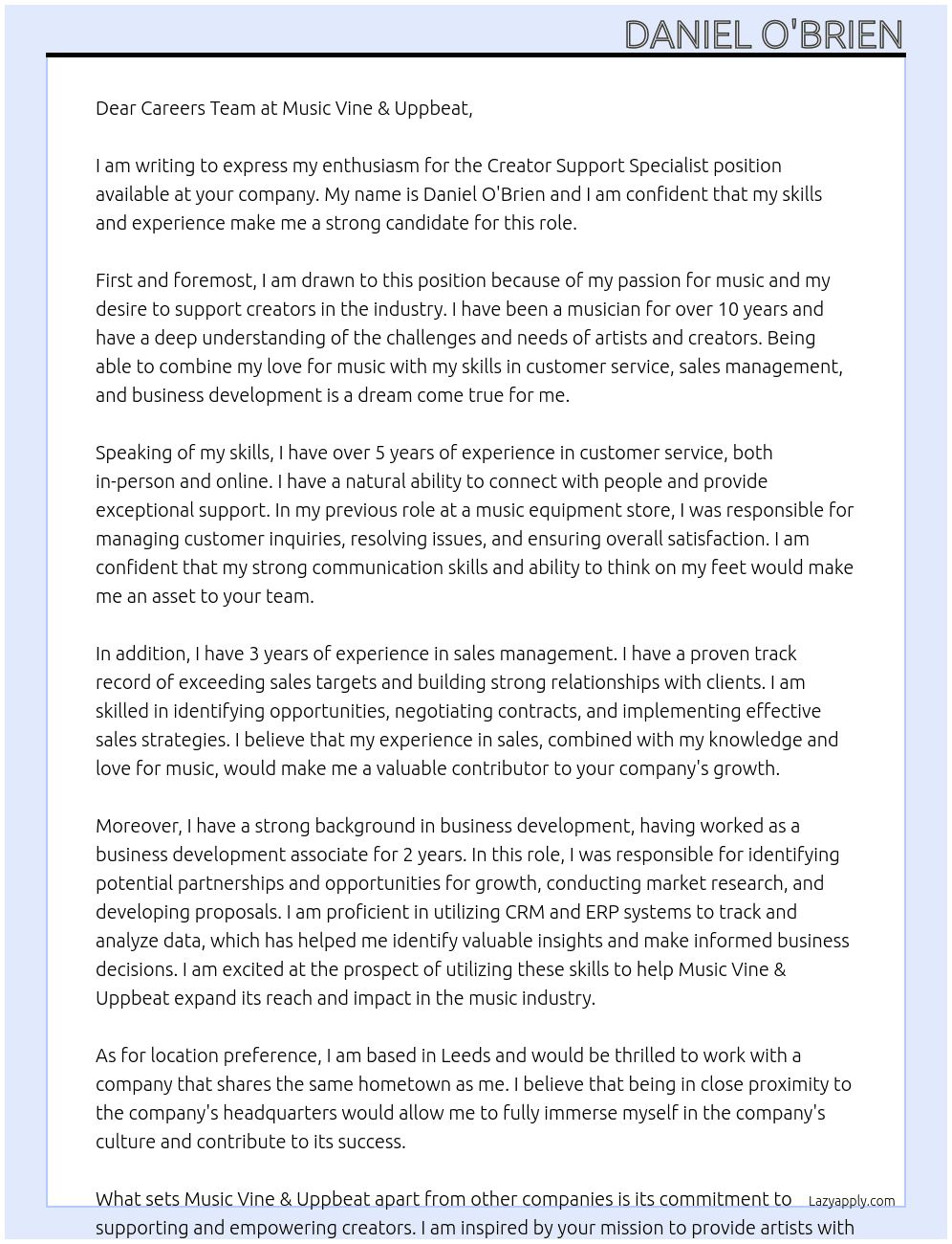 Creator Support Specialist At Music Vine & Uppbeat Cover Letter