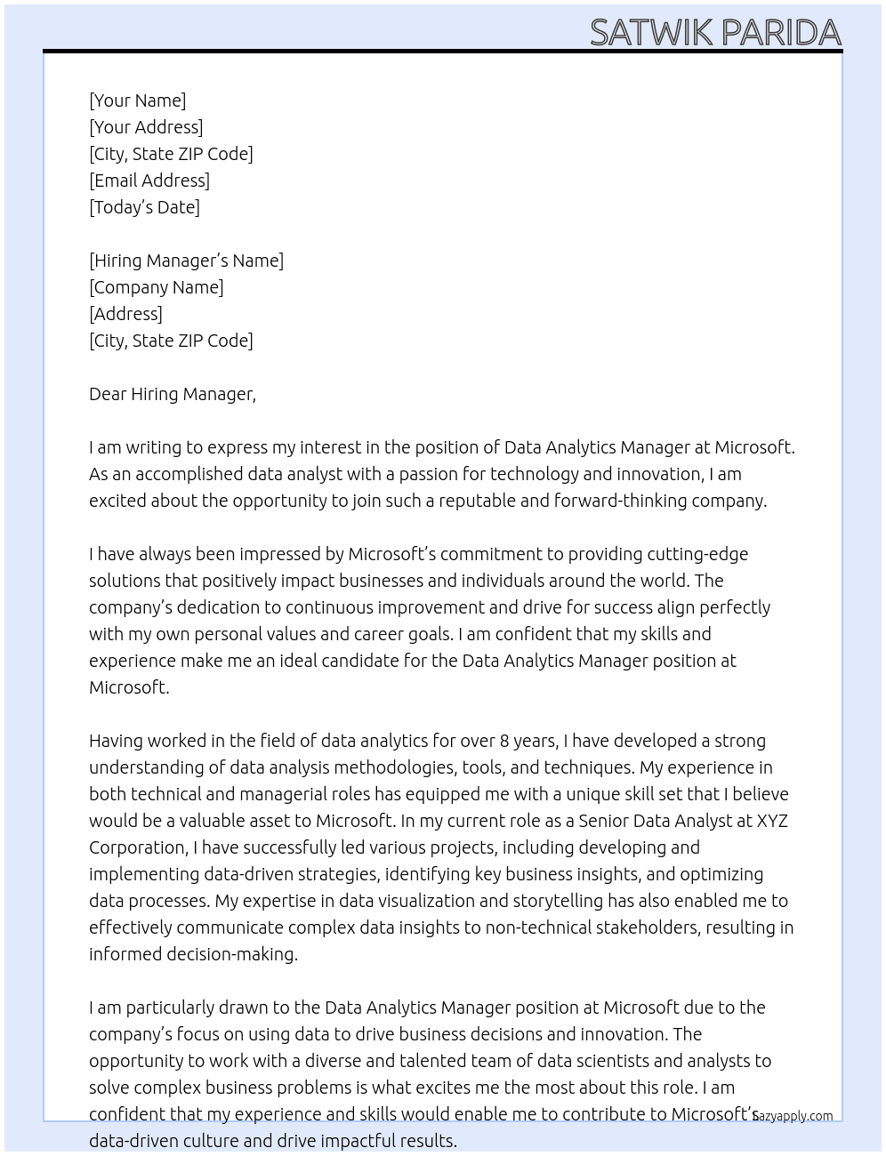 Cover letter for data analytics manager - LazyApply