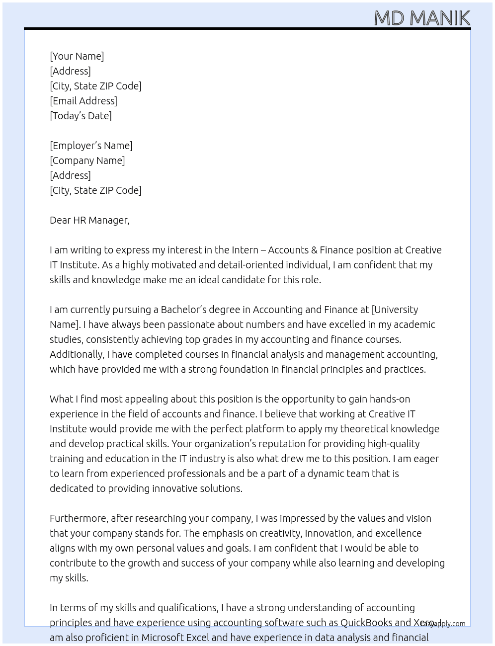 Intern – Accounts & Finance At Cretaive IT Institute Cover Letter