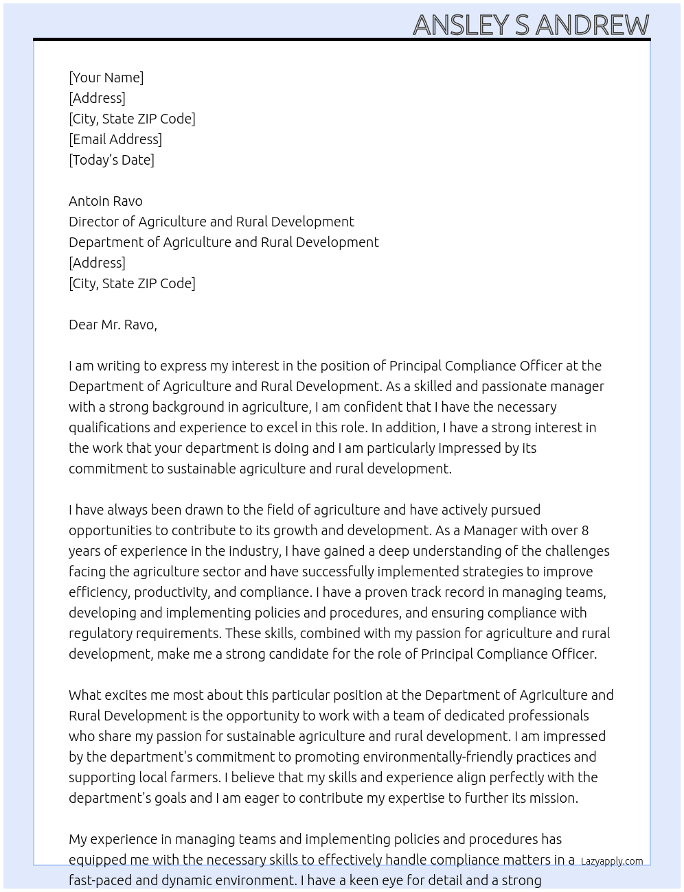 Principal Compliance Officer At Department of Agriculture and Rural Development Cover Letter