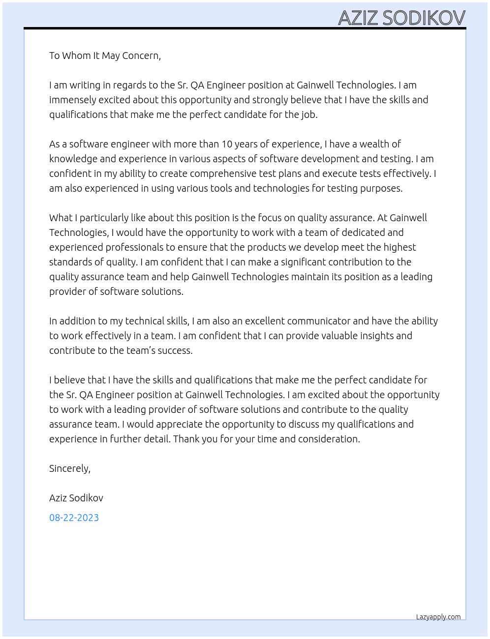 Sr. QA Engineer At Gainwell Technologies Cover Letter
