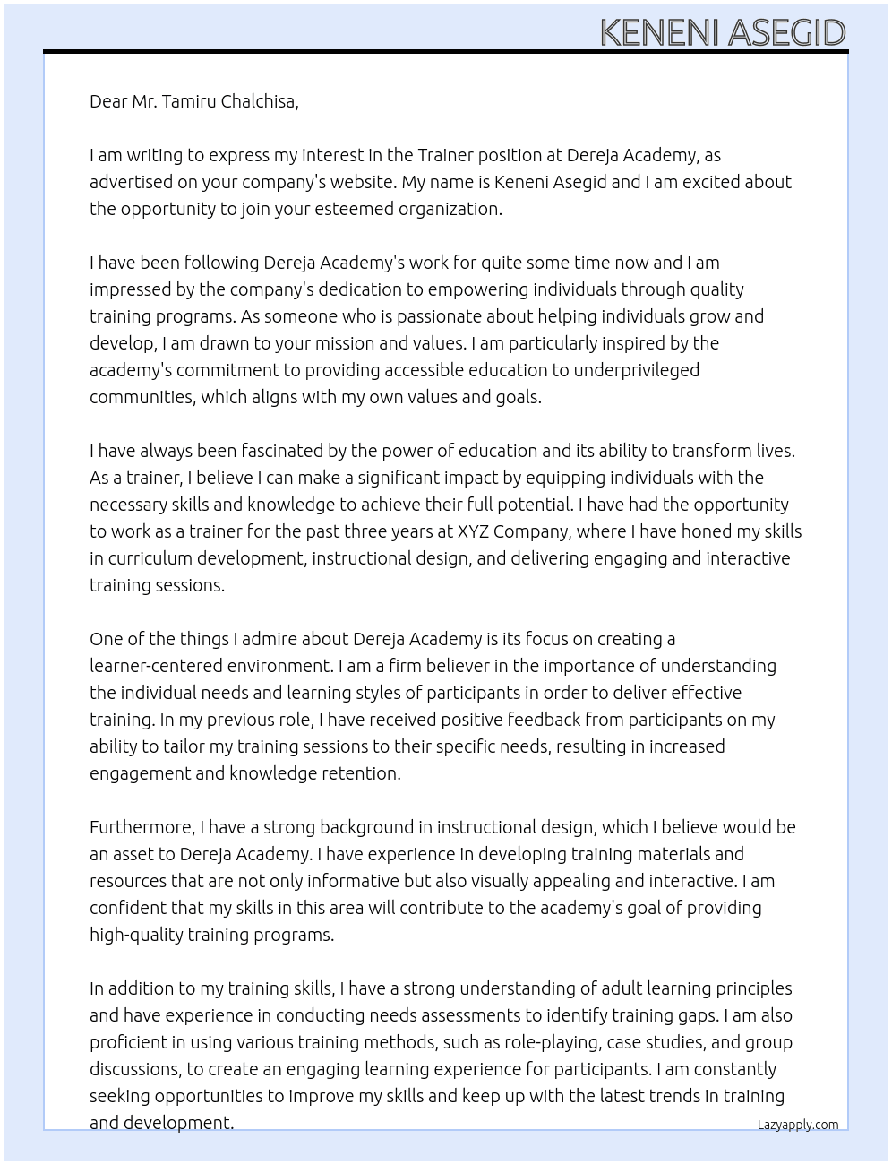 Trainer At Dereja Acadamy Cover Letter