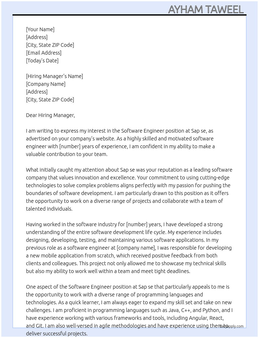 Software engineer  At Sap se Cover Letter