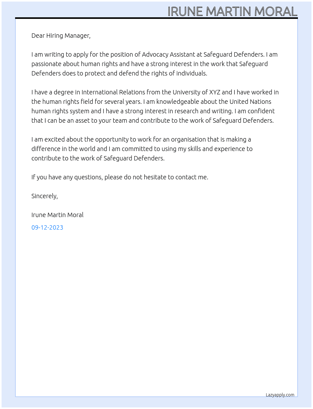 advocacy assistant At safeguard defenders Cover Letter