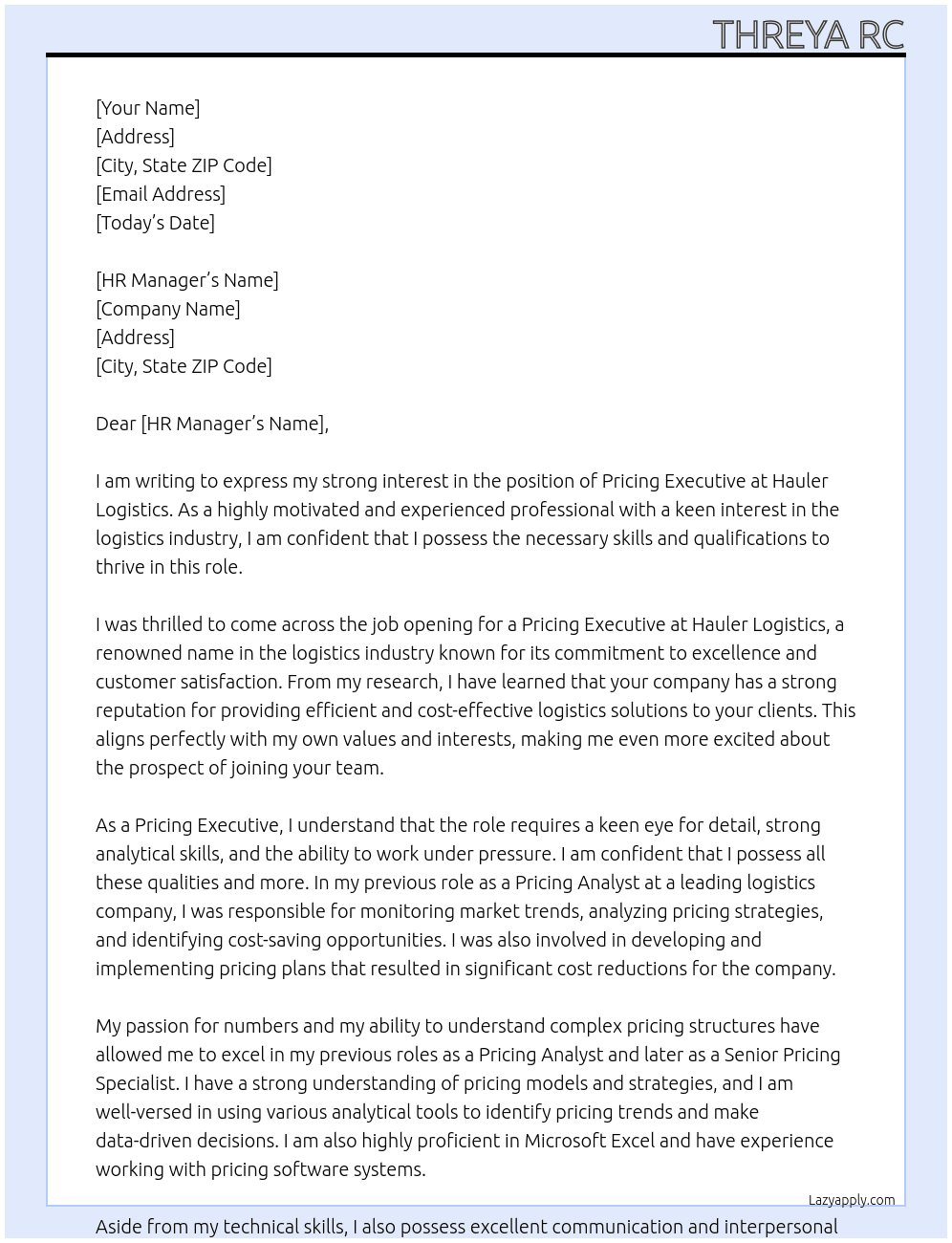 pricing executive At Hauler logistics Cover Letter