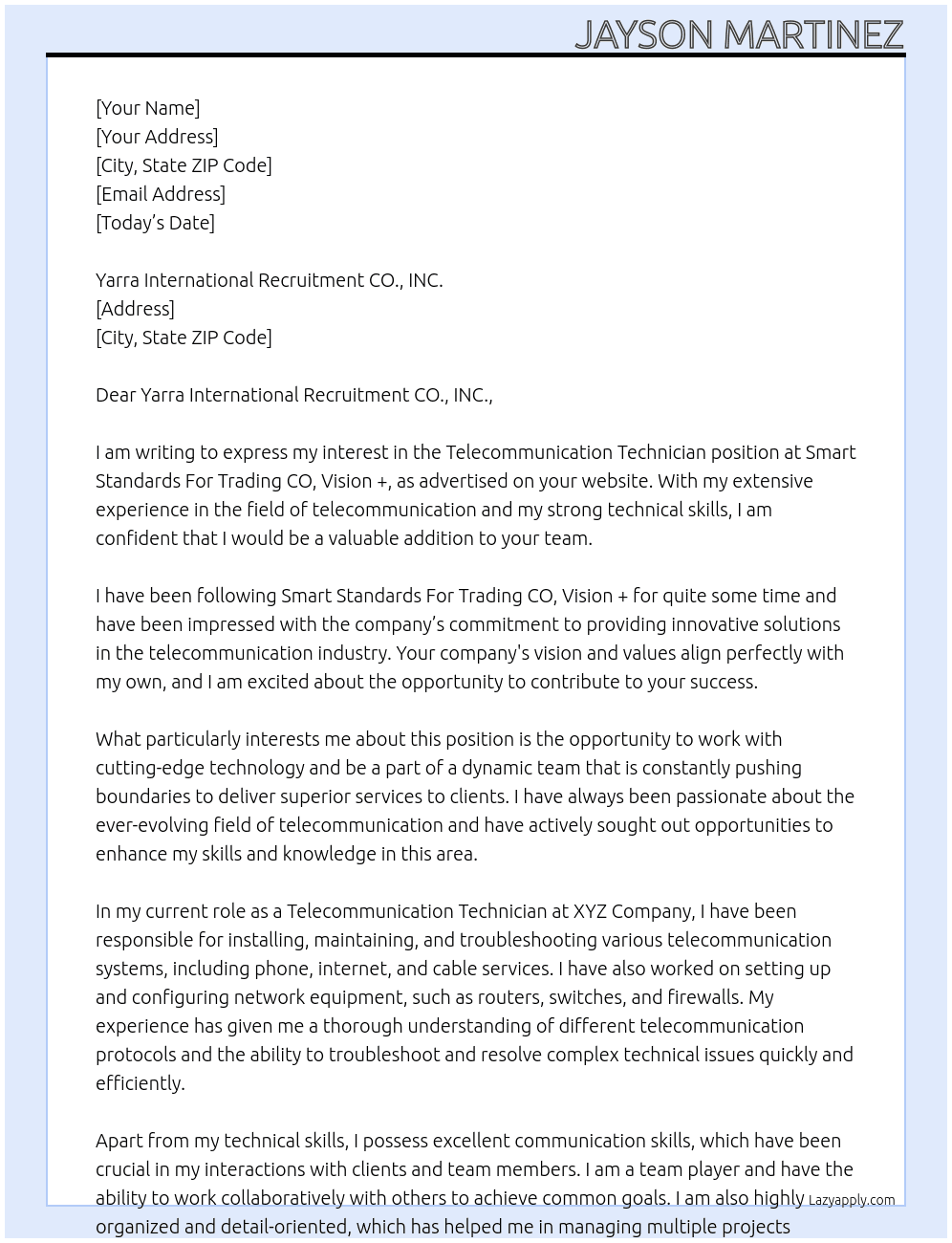 TELECOMMUNICATION TECHNICIAN At Smart Standards For Trading CO, Vision + Cover Letter