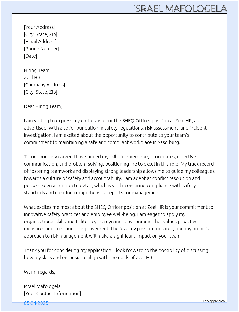 SHEQ Officer At Zeal HR Cover Letter
