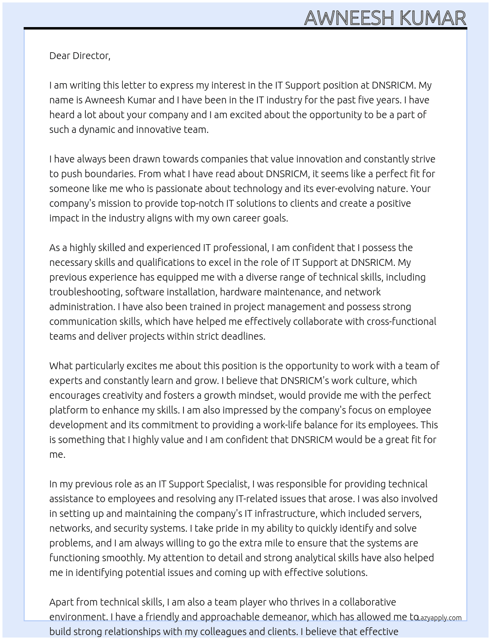 IT Support At DNSRICM Cover Letter