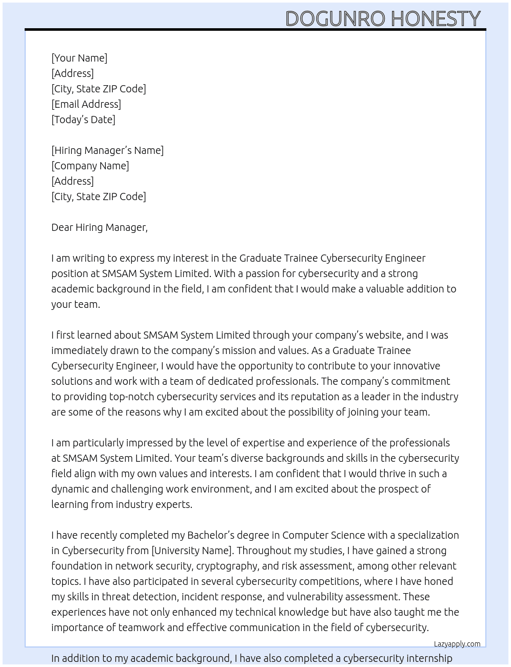  Graduate Trainee Cybersecurity Engineer At  SMSAM System Limited Cover Letter