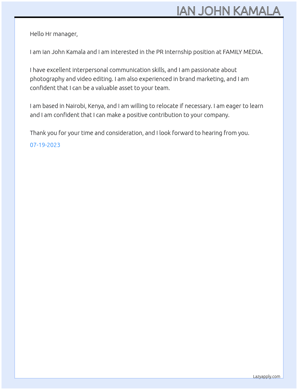 PR  At FAMILY MEDIA Cover Letter