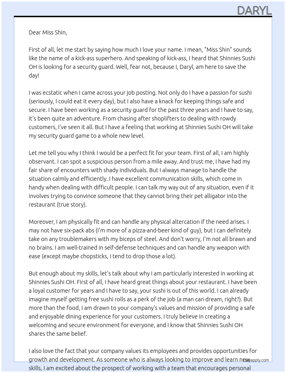 Security guard At Shinnies sushi OH Cover Letter