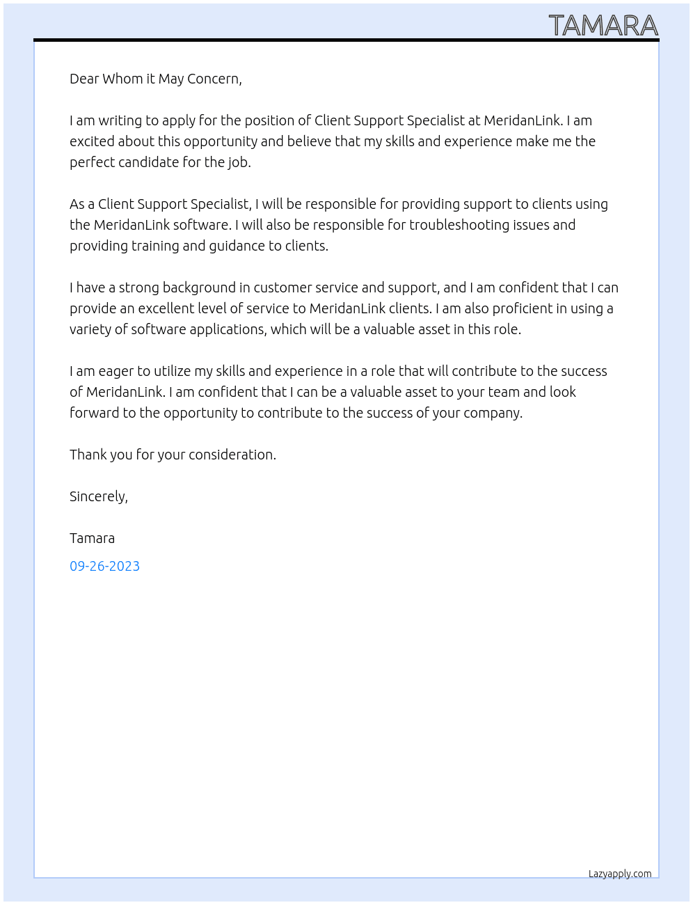 Client Support Specialist At MeridanLink Cover Letter